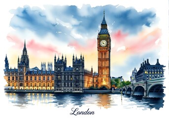 Digital painting of a view of the modern structure and landmark of Big Ben in London. With watercolor style and text for display, wallpaper and more.