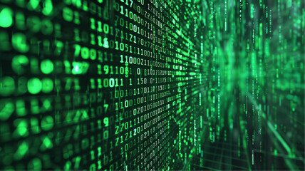 Futuristic Green Matrix-Style Number Coding, Digital Data Concept, Glowing Tech Grid Background