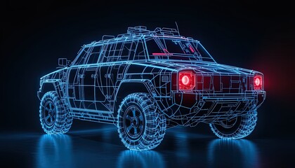 Naklejka premium A glowing, futuristic off-road vehicle is depicted in a wireframe style, showcasing its intricate design against a dark background.