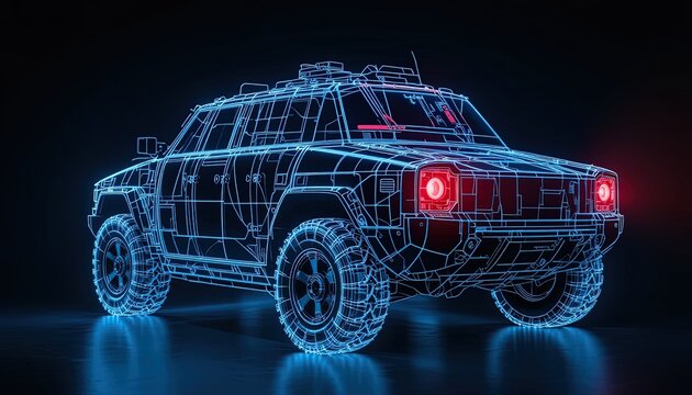 A glowing, futuristic off-road vehicle is depicted in a wireframe style, showcasing its intricate design against a dark background.