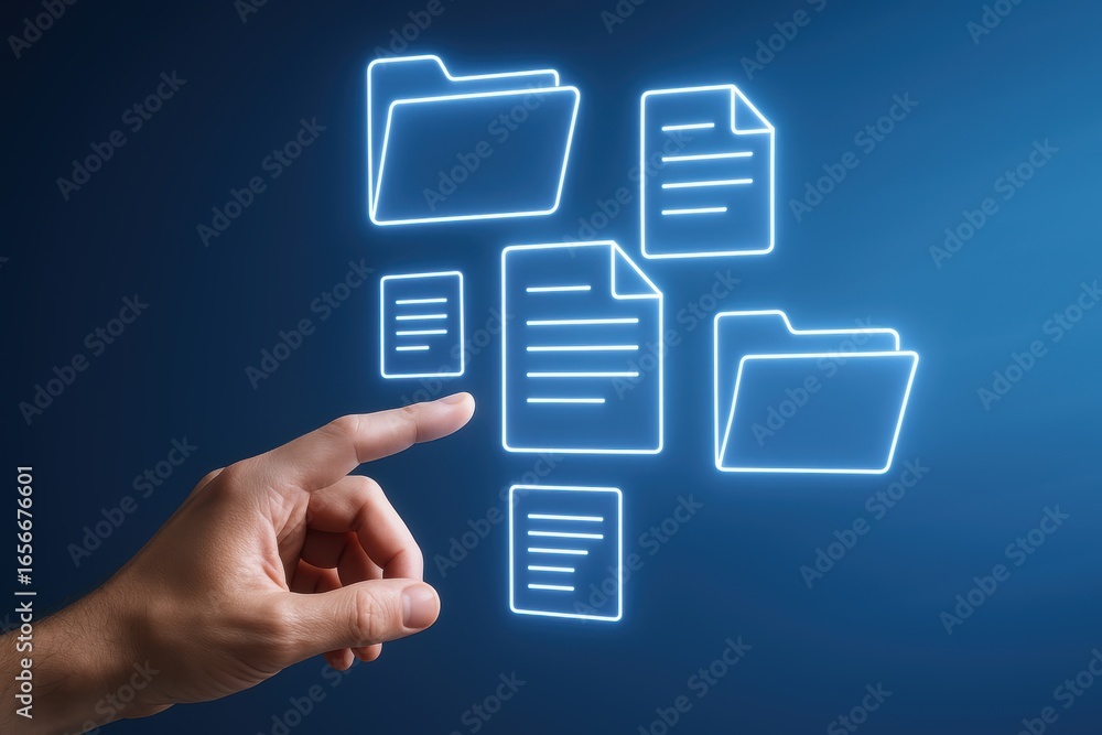 Poster digital document management: a close-up shot of a human finger pointing towards a collection of illu