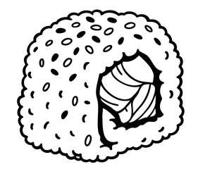Japanese uramaki sushi roll with rice on outside, sesame topping, salmon and avocado filling, Philadelphia style sushi illustration of Asian cuisine