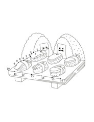 Adorable Cartoon Sushi Connect-the-Dots:  Fun, Childish, Black and White Line Art Illustration for Coloring Pages, Educational Activities, and Kids' Menu Designs.