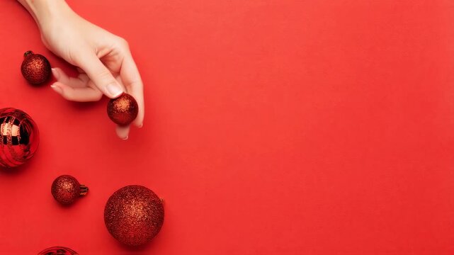 Red Christmas balls on a red background. A woman's hand twists a small festive New Year's decor, flat lay. Xmas winter decorations to celebrate the seasonal holiday. Balls with glitter and sparkles.	
