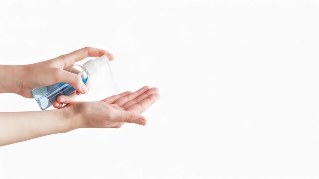 Person applying alcohol or anti bacteria spray to prevent spread of germs and virus. Personal hygiene and sanitizer gel concept. Mockup style. Copy space in right side. White background