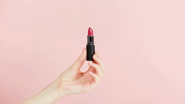 Female hand holding and turning open red lipstick on pink background. Demonstration, review and advertisement of professional cosmetic product for makeup. Professional make-up artist tool