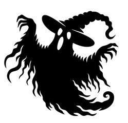 Haunted ghost in witch hat silhouette, faceless nightmare spirit with shadowy body of darkness, eerie spooky horror phantom for Halloween