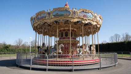 Colorful Carousel at Amusement Park with Blue Sky Background