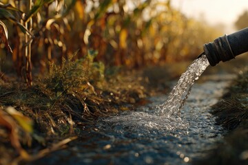 Obraz premium Water flowing from pipe into a field
