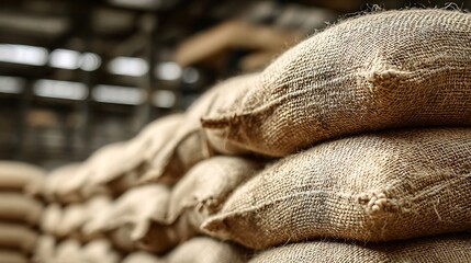 Stacked Burlap Sacks in Warehouse with Tan Woven Texture