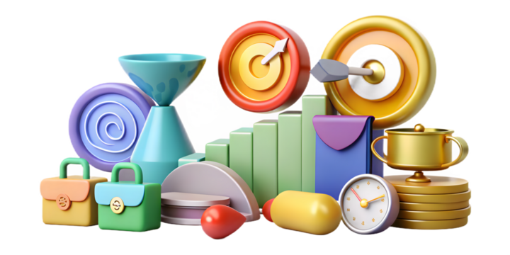 A collection of business and finance icons symbolizing success, goals, achievement, growth, and time management, isolated on transparent background