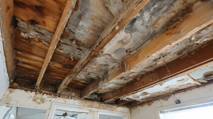 Détérioration d'un plafond intérieur avec des traces d'humidité et de moisissure dans une maison ancienne.