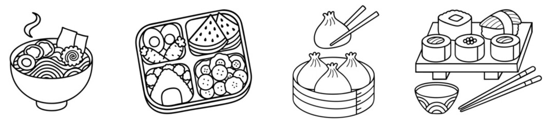 steaming ramen bowl, Japanese bento box, Chinese dim sum dumplings, and traditional sushi set with chopsticks. Collection of Asian food