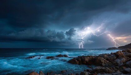 Obraz premium Moody Dark Sky, Ocean Waves Colliding with Rocky Coast, Lightning and Thunder