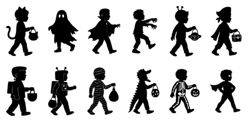 Silhouettes of boys in Halloween costumes: devil with tail, ghost in white sheet, vampire with cloak, zombie staggering, alien with antennas, wizard with hat, Frankenstein monster, mummy in bandages, 