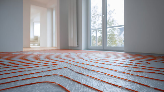 Installation d'un chauffage par le sol dans un int&eacute;rieur moderne avec une pompe &agrave; chaleur.