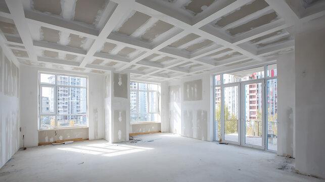 Int&eacute;rieur d'un appartement en cours de finition dans un immeuble moderne &agrave; la lumi&egrave;re du jour.