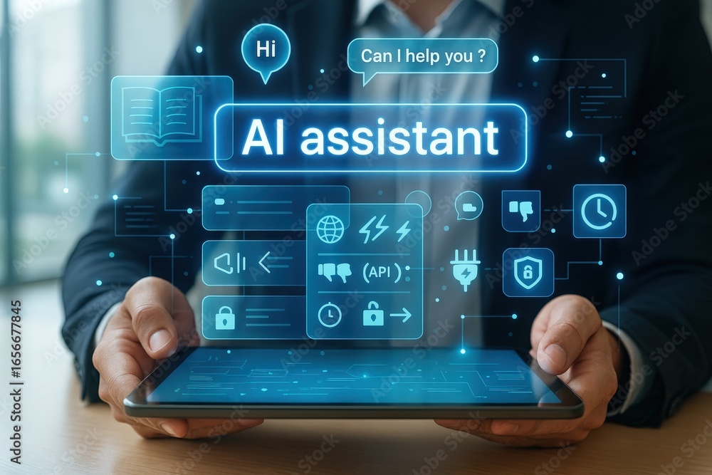 Poster a person holds a tablet displaying a digital interface with ai assistant options, highlighting the f