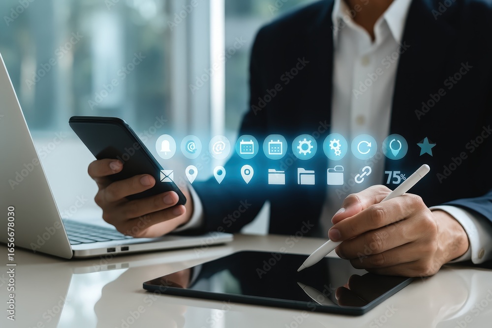 Poster a person interacts with digital communication and technology tools, displaying a range of applicatio