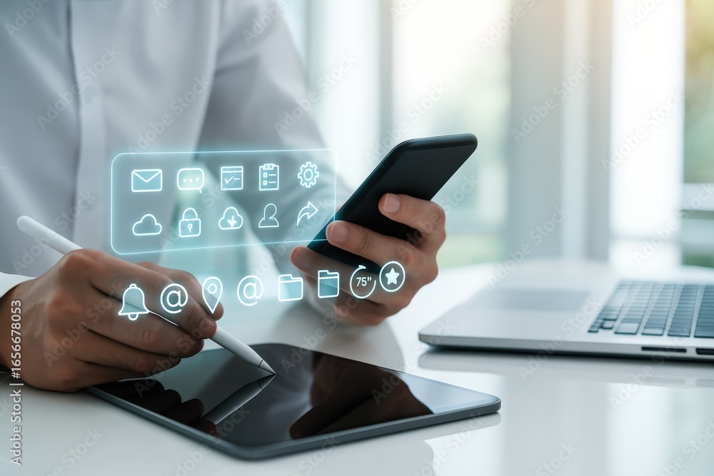Poster a person interacts with digital interface icons displayed on a tablet and mobile phone, suggesting m