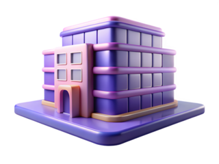 A modern purple and pink office building with glass windows, isolated on a transparent background