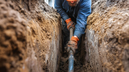 Ouvrier réalisant des travaux sur une canalisation dans une tranchée étroite en milieu urbain.