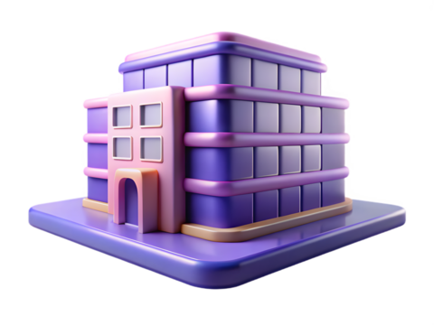 A modern purple and pink office building with glass windows, isolated on a transparent background