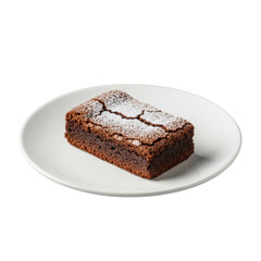 Gourmet rectangular brownie, dense fudgy core, glossy crackled top, powdered sugar, on white plate against transparent background with no shadows. Concept of culinary perfection
