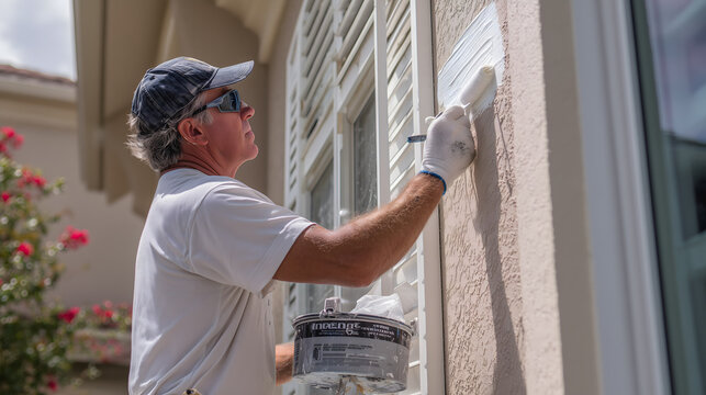 Un homme peint les volets d'une maison.