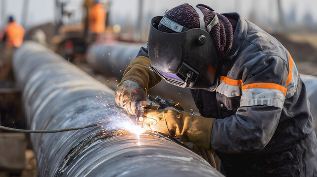 Soudage de pipelines sur un chantier industriel en plein air par un ouvrier en combinaison de protection.