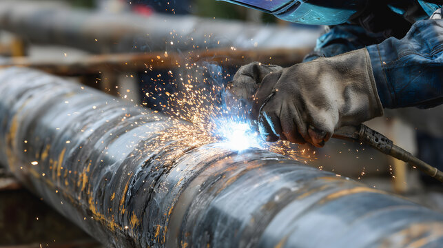 Soudage d'un tuyau en acier sur un chantier.