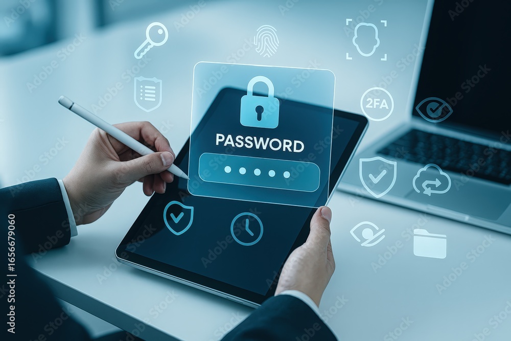 Aufkleber a person uses a stylus to enter a password on a tablet, highlighting modern security protocols.