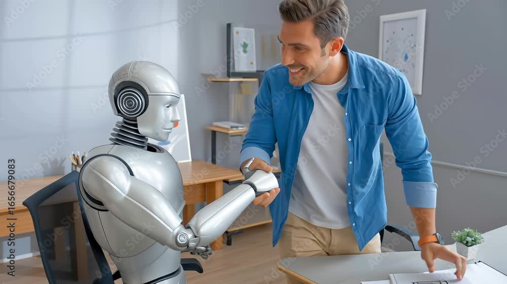Poster young professional working with humanoid robot in modern office, sharing wireframe sketch and engagi