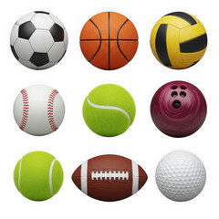Obraz premium Collection of various sports balls including soccer, basketball, volleyball, baseball, tennis, bowling, football, and golf, isolated on transparent background