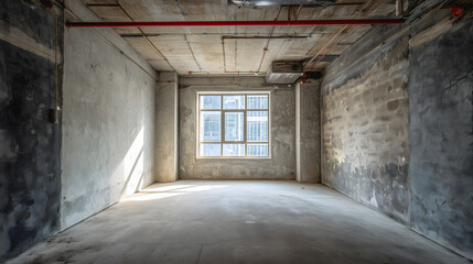 Obraz premium Espace vide lumineux avec fenêtre dans une pièce non aménagée en milieu urbain.