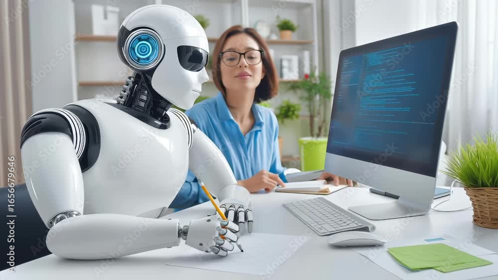 Poster white humanoid robot with circular blue eye interface sits next to woman programmer working on compu