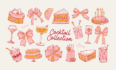 Set of minimalist vector illustrations: cakes, desserts, cocktails, and bows. Hand-drawn line art in modern style on a light background.