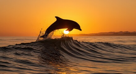 Obraz premium A dolphin leaps from the ocean wave at sunset creating a silhouette against the bright orange sky