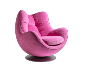 Wygodny fotel w kolorze fuksji i obłych, okrągłych kształtach na przezroczystym tle