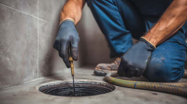 Technicien de plomberie effectuant un diagnostic sur un drain dans une salle de bain.