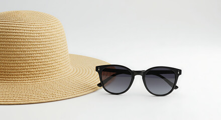 Summer Essentials: A pair of chic, modern sunglasses placed next to a wide-brimmed straw hat on a clean, isolated background.
