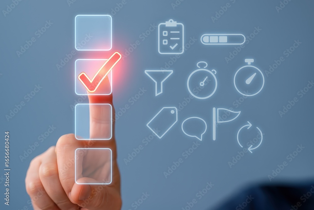 Poster a finger interacts with glowing check boxes and task management icons on a light-gray digital interf