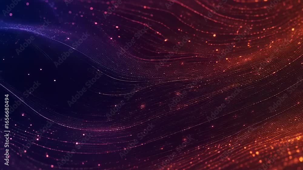 Aufkleber abstract purple and red glitter waves flowing across the screen with glowing particles on dark backg