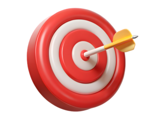 3d illustration of a dart hitting the bullseye of a target, symbolizing success and accuracy, isolated on transparent background