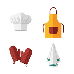 Chef Gear Vector Set: Hat, Apron, Oven Mitts, and Kitchen Towel - Essential Cooking Apparel for Recipe Illustrations and Kitchen Designs