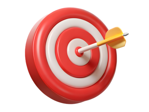 3d illustration of a dart hitting the bullseye of a target, symbolizing success and accuracy, isolated on transparent background