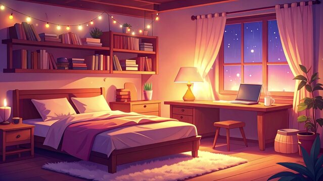 Cozy anime style bedroom at night with warm lights. Loop animation for lofi, background, overlay. Perfect animated virtual background for Twitch, Zoom, OBS streams, or as a vtuber asset.