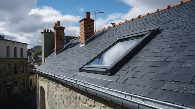 R&eacute;novation d'un toit avec lucarne et tuiles en ardoise sous un ciel nuageux &agrave; Paris.