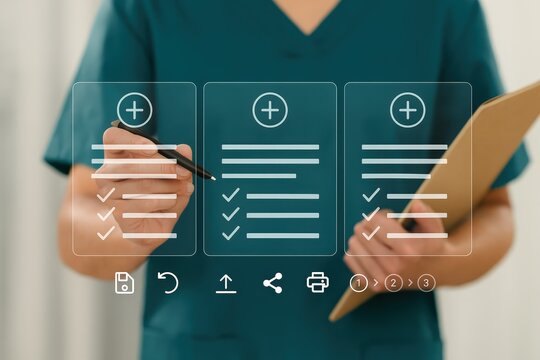 A healthcare professional meticulously completes digital checklist forms displayed on a transparent overlay, holding a clipboard.
