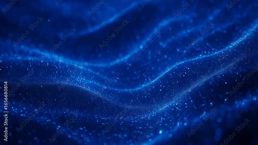 Poster blue glitter wave flowing across dark background with glowing particles in seamless motion loop - bu